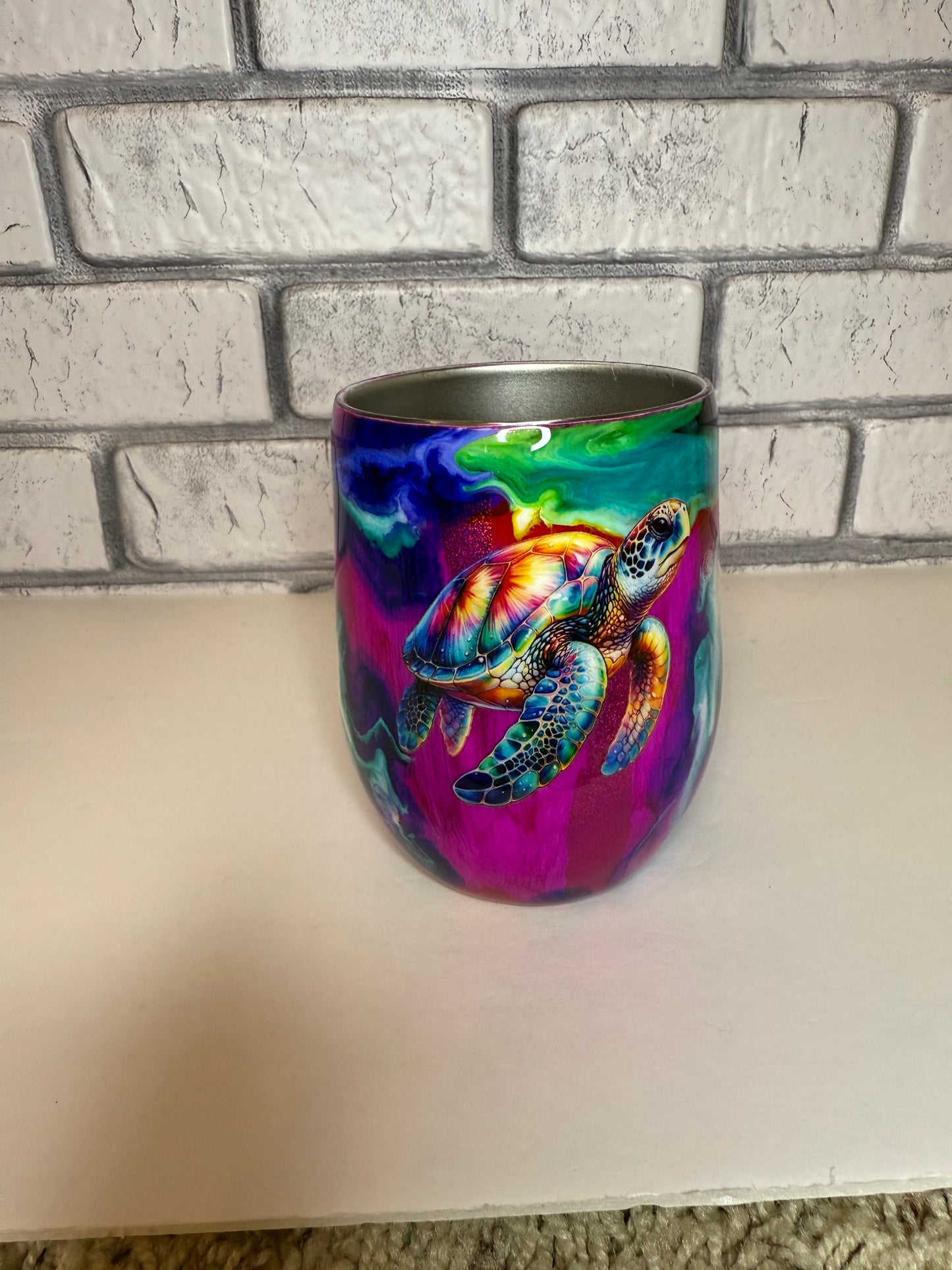 #7--12oz stemless wine glass- Groovy Turtle